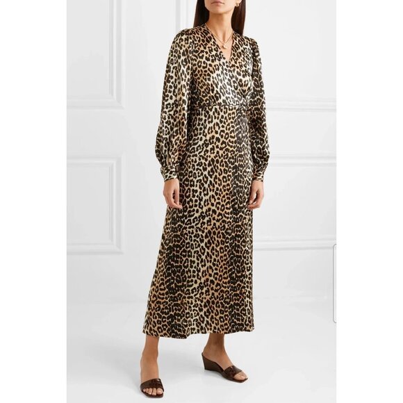 Ganni Dresses & Skirts - GANNI Leopard Print Silk Satin Wrap Dress Sz M Scandinavian Animal Print